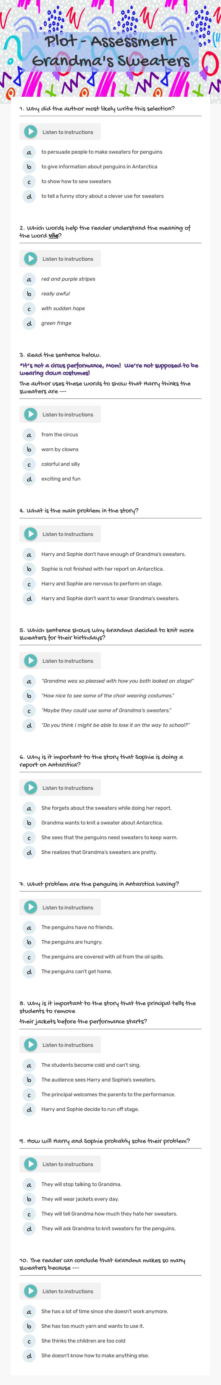 Plot - Assessment Grandma's Sweaters worksheet preview image