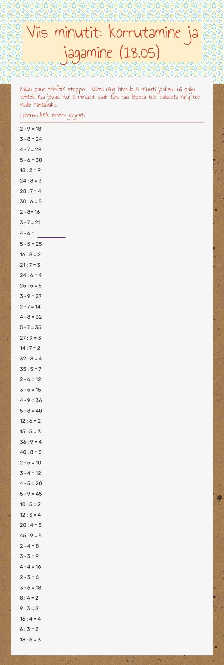 Viis minutit: korrutamine ja jagamine (18.05) worksheet preview image