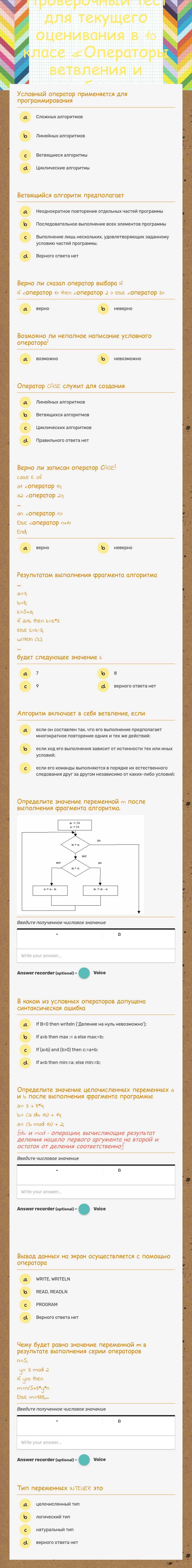 Проверочный тест для текущего оценивания в 10 класе «Операторы ветвления и выбора» worksheet preview image