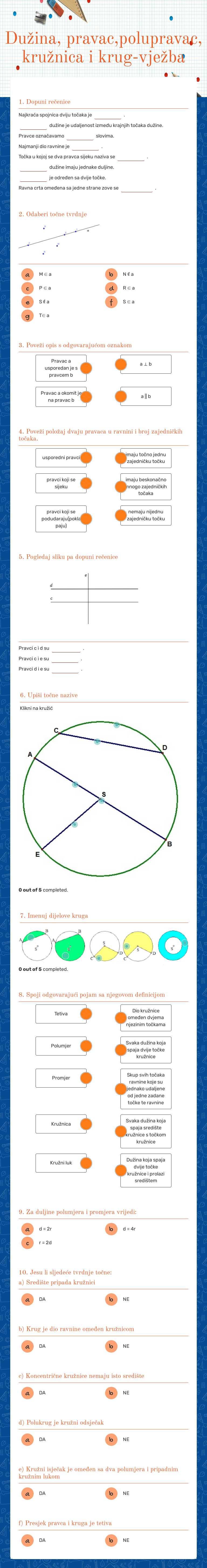 Dužina, pravac,polupravac, kružnica i krug-vježba worksheet preview image