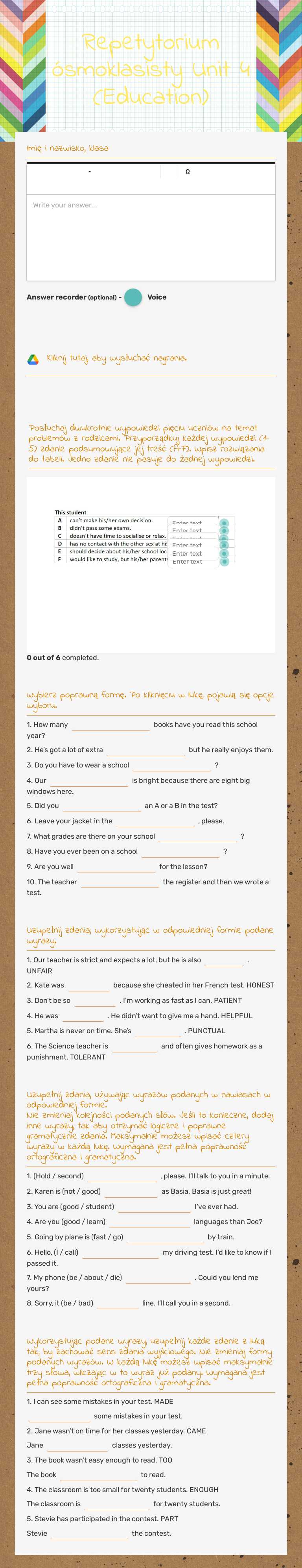 Repetytorium ósmoklasisty Unit 4 (Education) worksheet preview image