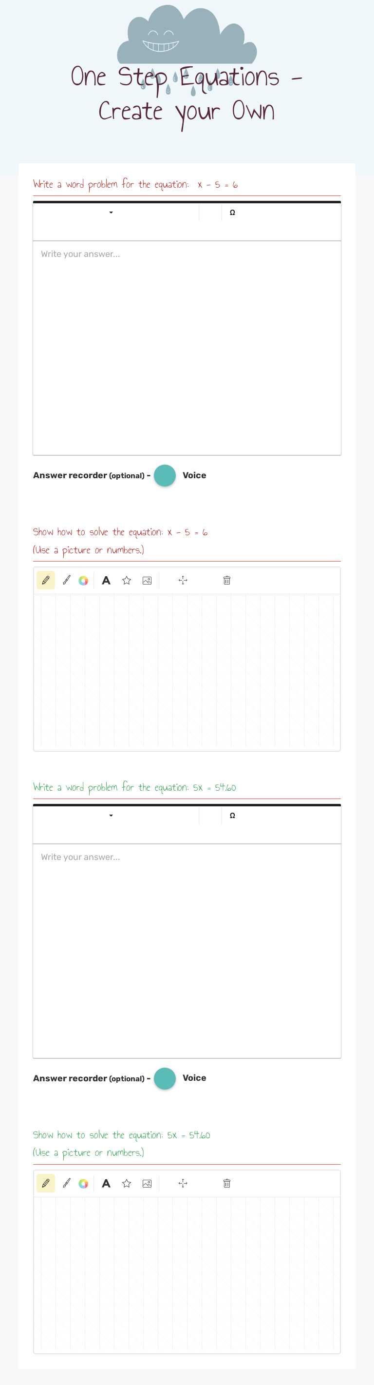 One Step Equations - Create your Own worksheet preview image