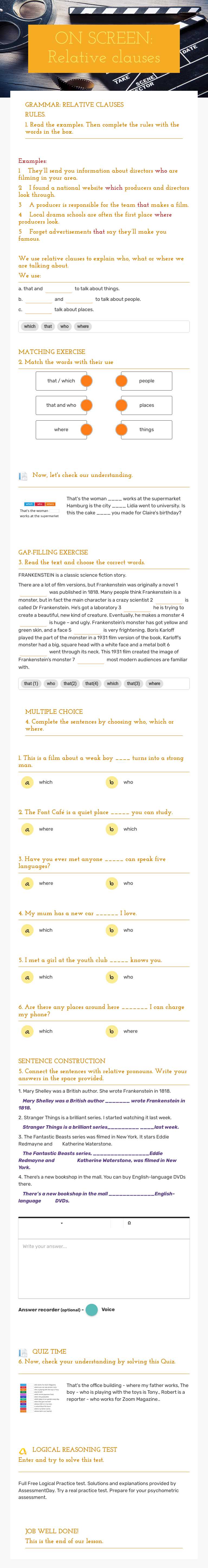 ON SCREEN: Relative clauses worksheet preview image