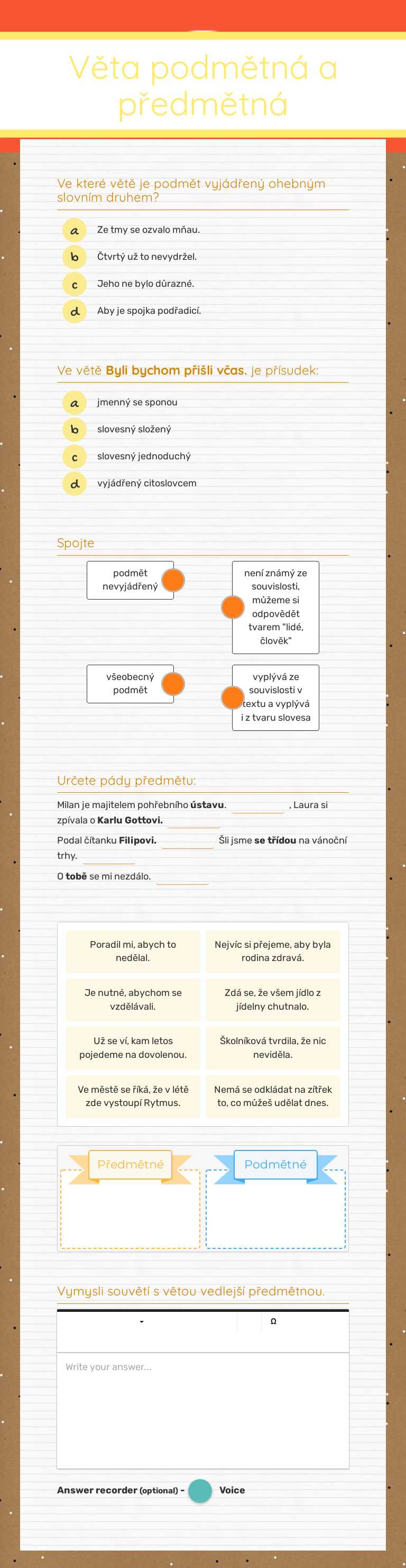 Věta podmětná a předmětná Grade 8 worksheet preview