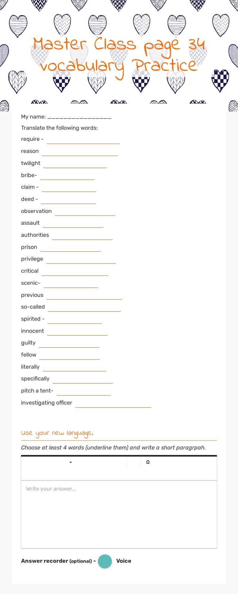Master Class page 34 vocabulary Practice Grade 10 worksheet preview