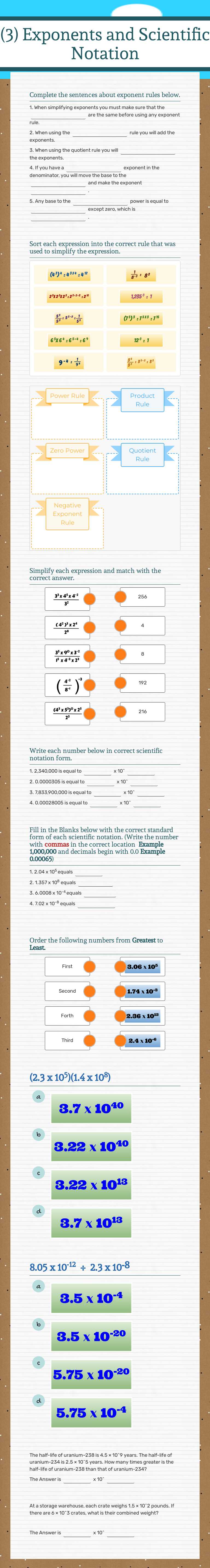 (3) Exponents and Scientific Notation worksheet preview image