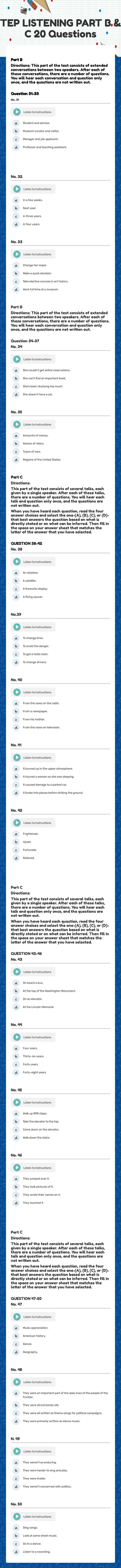 TEP LISTENING 
PART B & C
20 Questions worksheet preview image