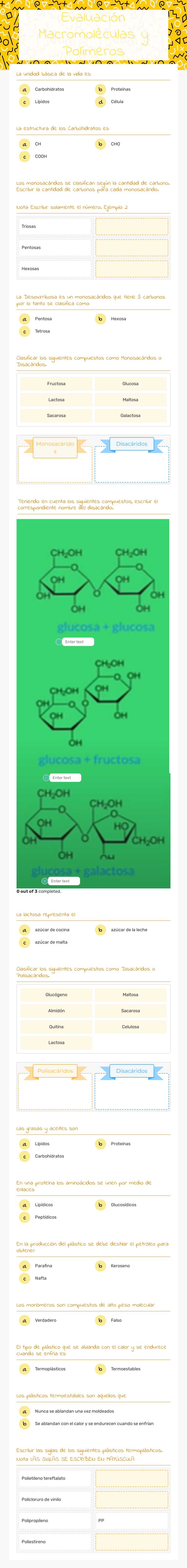Evaluación Macromoléculas y Polímeros worksheet preview image