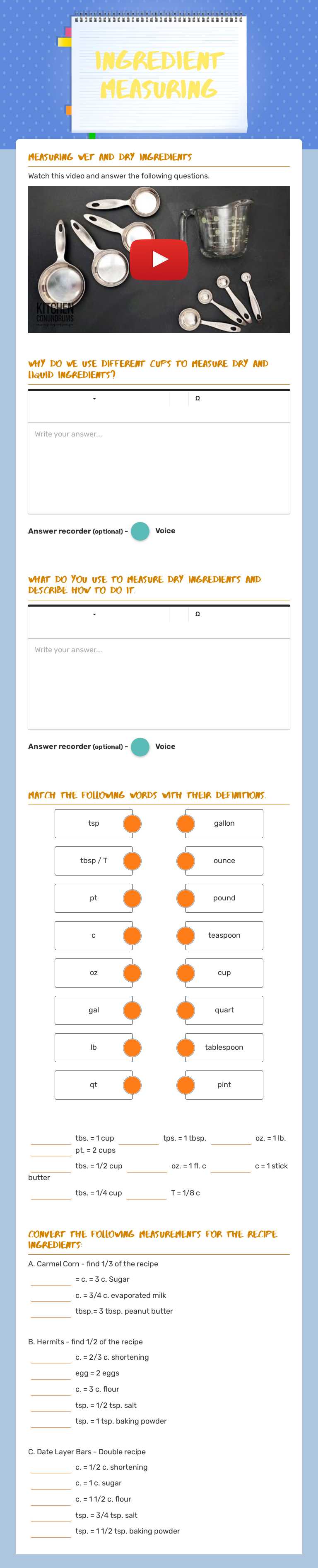 Ingredient Measuring worksheet preview image