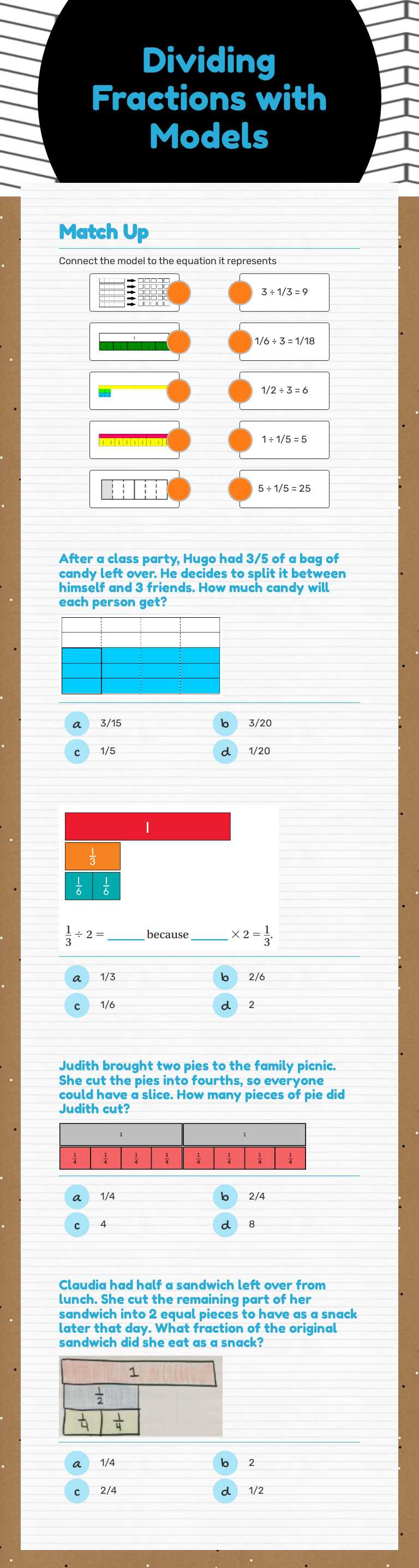 Dividing Fractions with Models worksheet preview image
