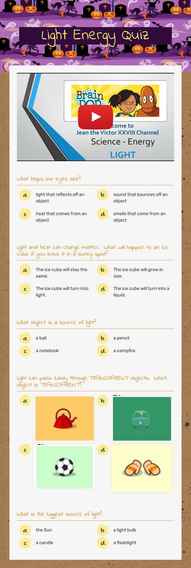Light Energy Quiz Grade 4 worksheet preview