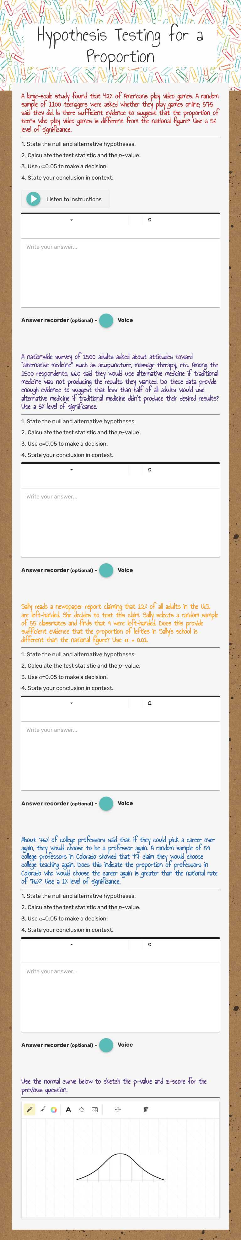Hypothesis Testing for a Proportion worksheet preview image