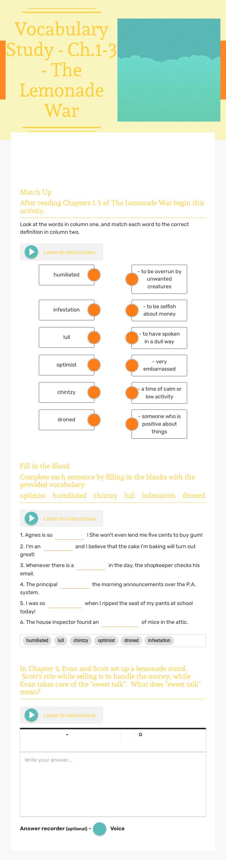 Vocabulary Study - Ch.1-3 - The Lemonade War worksheet preview image