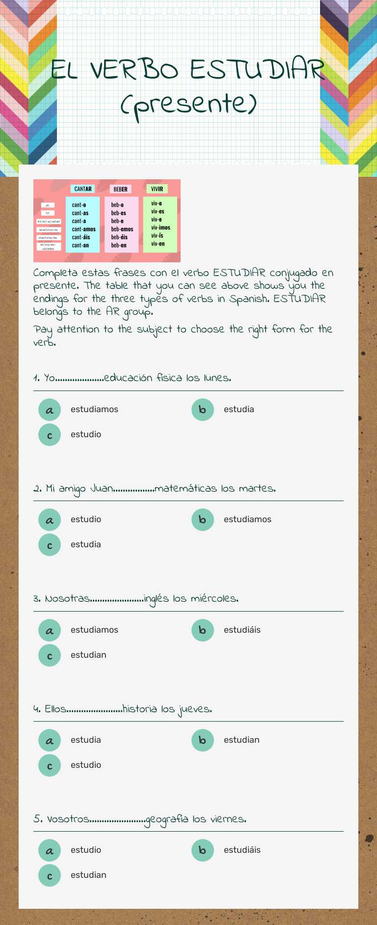 EL VERBO ESTUDIAR (presente) worksheet preview image