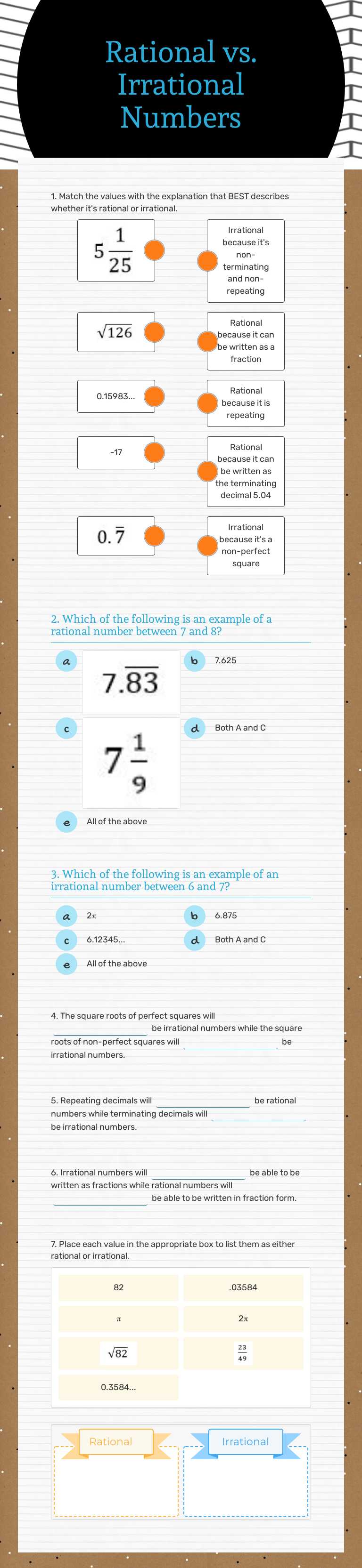 Rational vs. Irrational Numbers Grade 8 worksheet preview
