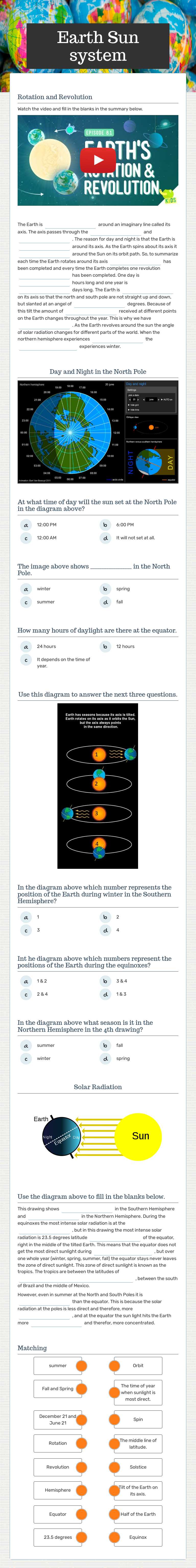 Earth Sun system worksheet preview image