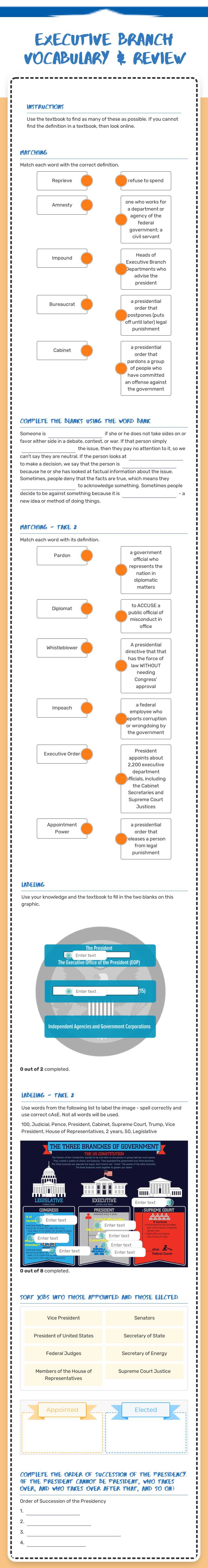 Executive branch Vocabulary & Review worksheet preview image
