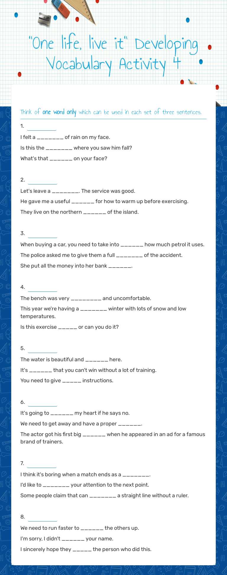 "One life, live it" Developing Vocabulary Activity 4 worksheet preview