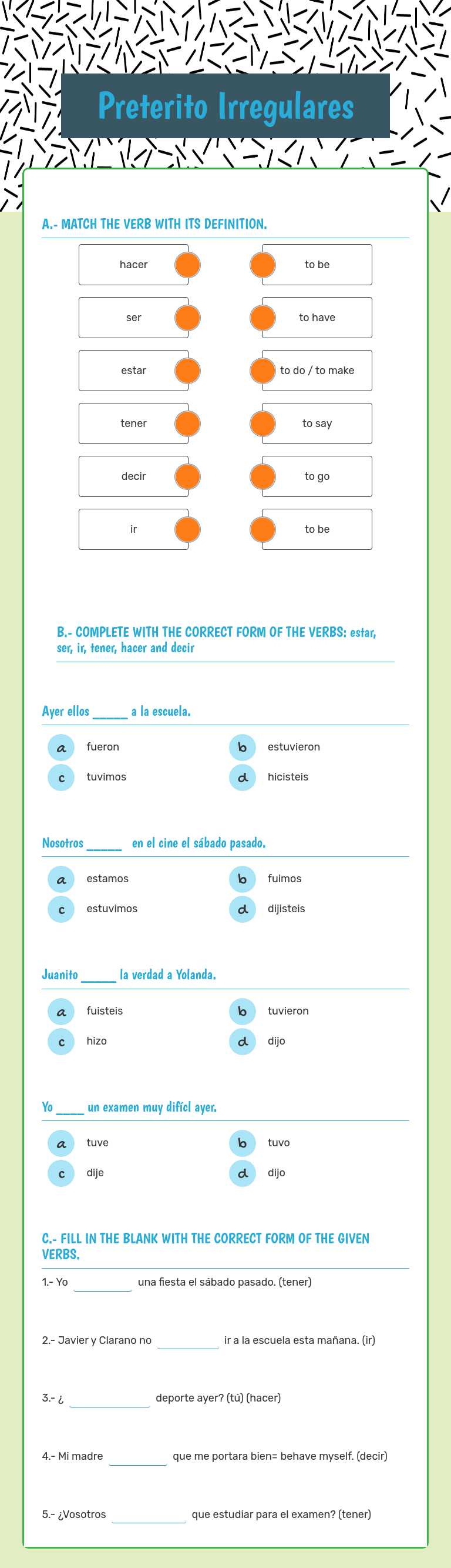 Preterito Irregulares Grade 10 worksheet preview