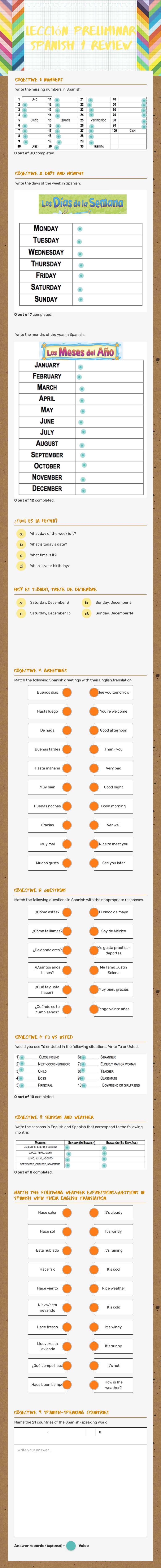 Lección Preliminar Spanish 1 Review worksheet preview image