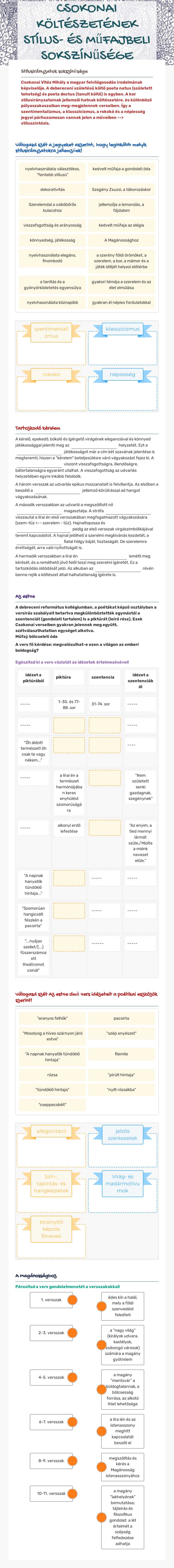 CSOKONAI KÖLTÉSZETÉNEK STÍLUS- ÉS MűFAJBELI SOKSZÍNűSÉGE Grade 10 worksheet preview