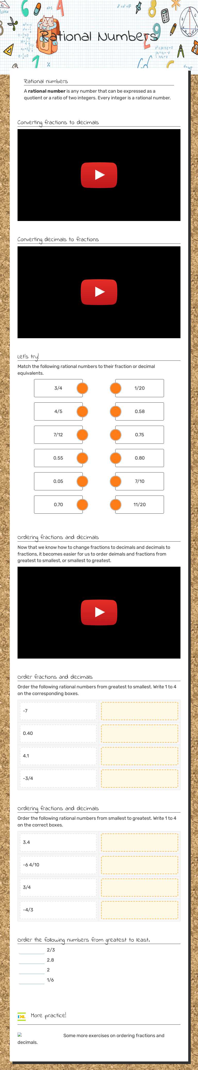 Rational Numbers Grade 6 worksheet preview