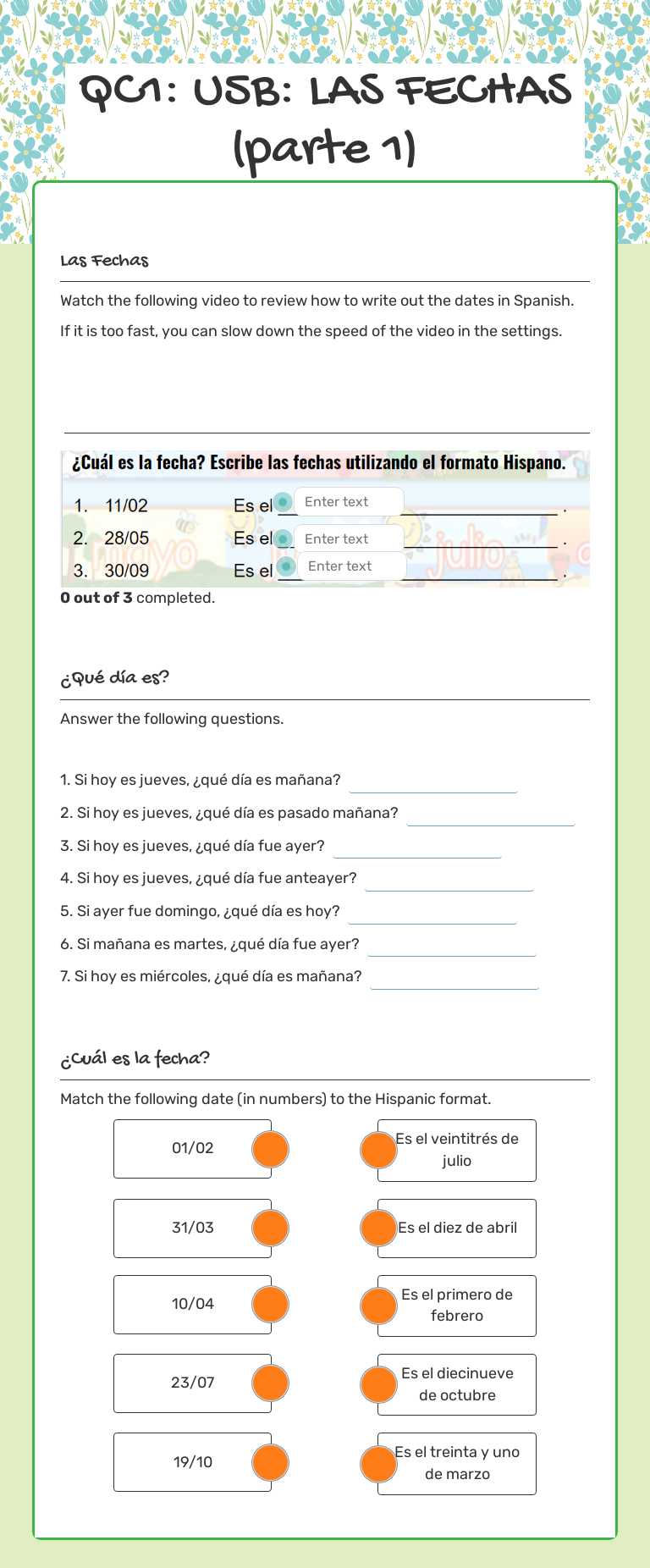 QC1: U5B: LAS FECHAS (parte 1) Grade 10 worksheet preview