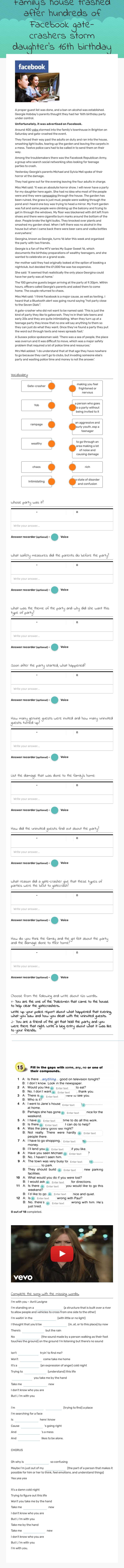 Family’s house trashed after hundreds of Facebook gate-crashers storm daughter's 16th birthday party. worksheet preview image