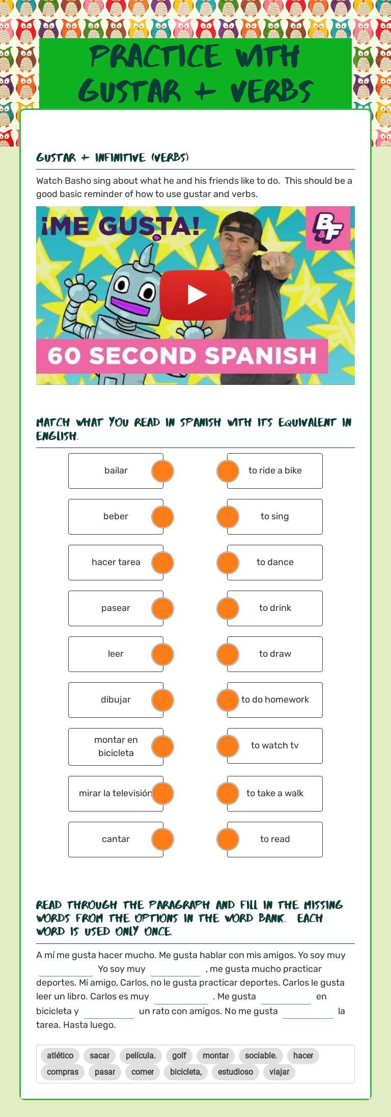 Practice with gustar + verbs worksheet preview image