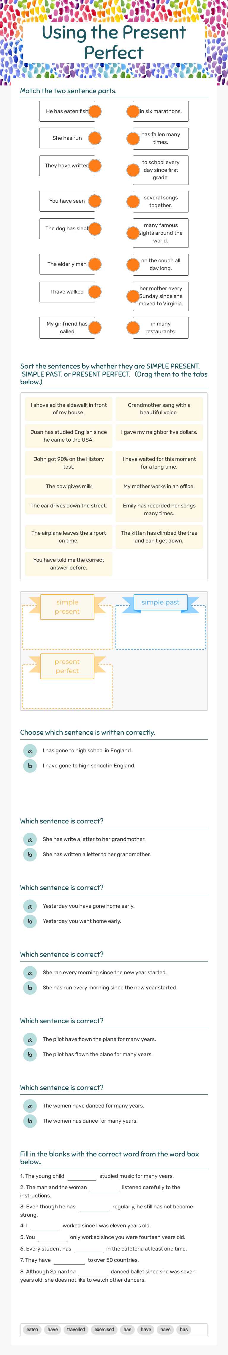 Using the Present Perfect worksheet preview image