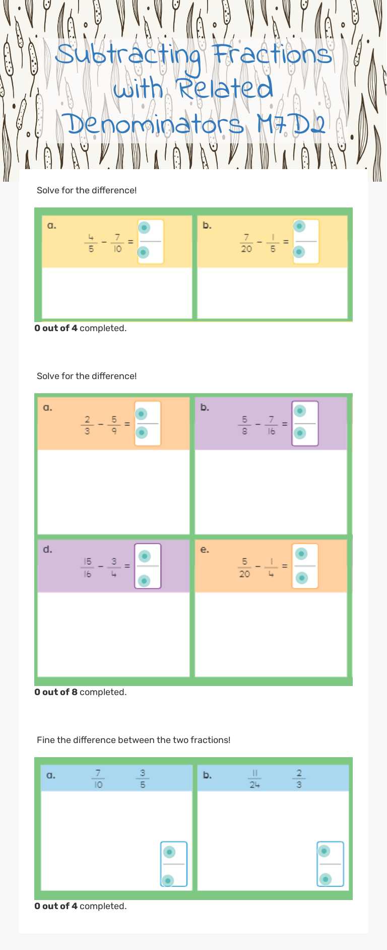 Subtracting Fractions with Related Denominators M7D2 worksheet preview image