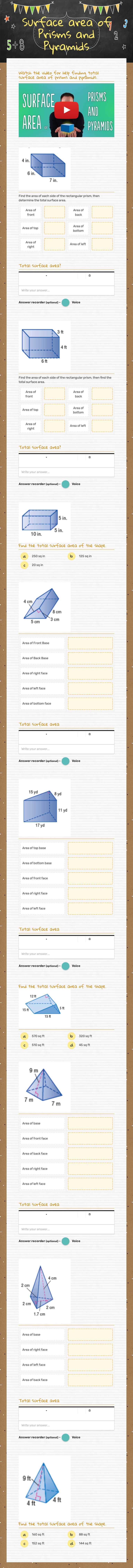 Surface area of  Prisms and Pyramids worksheet preview image
