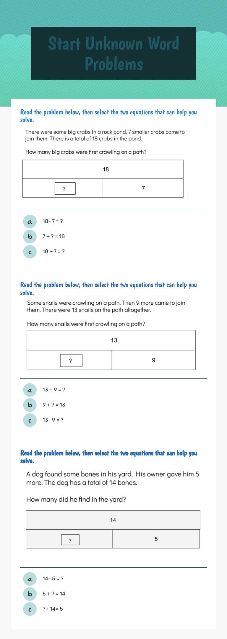 Start Unknown 
Word Problems Grade 1 worksheet preview