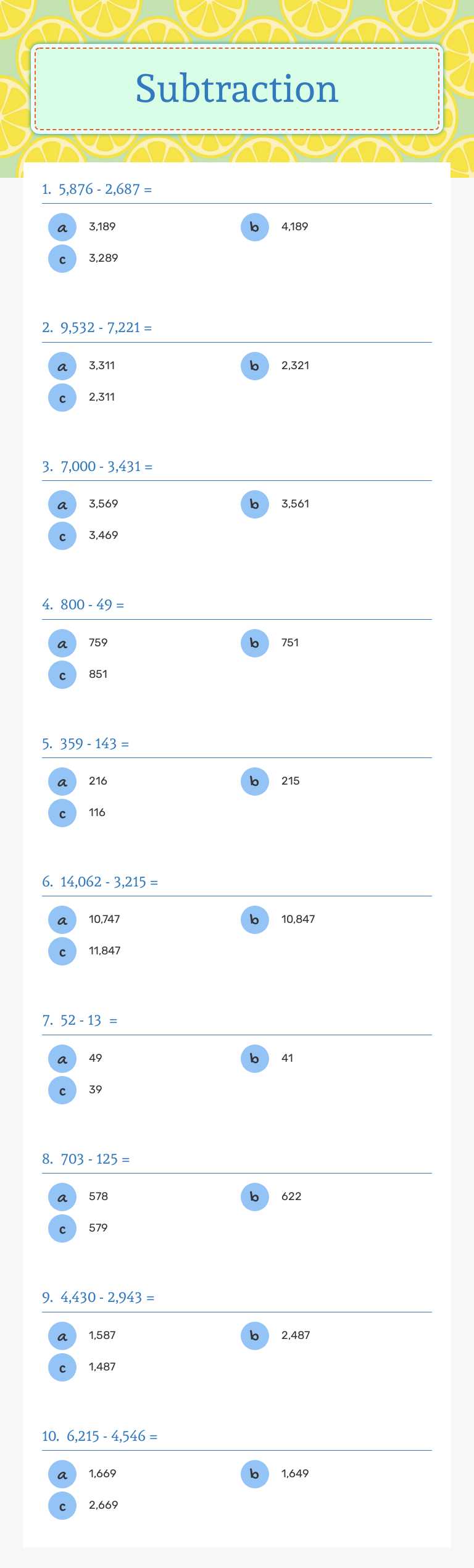 Subtraction worksheet preview image