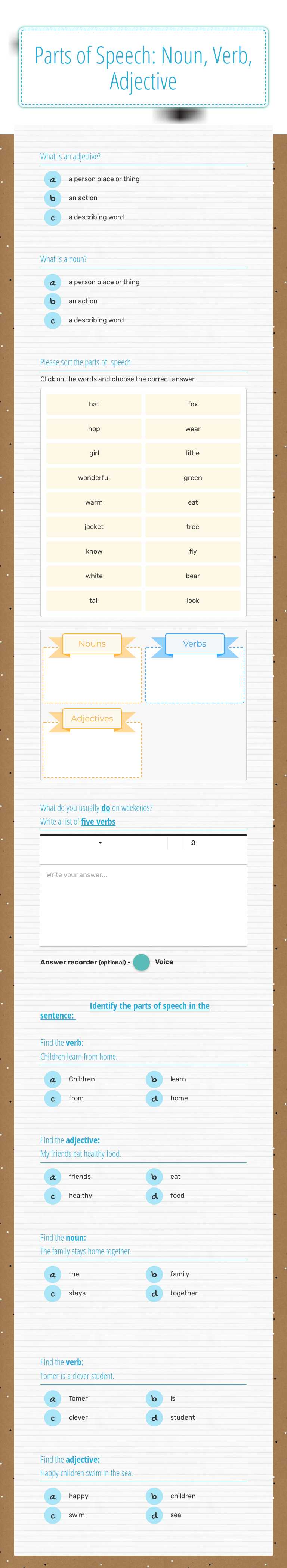Parts of Speech:
Noun, Verb, Adjective Grade 2 worksheet preview