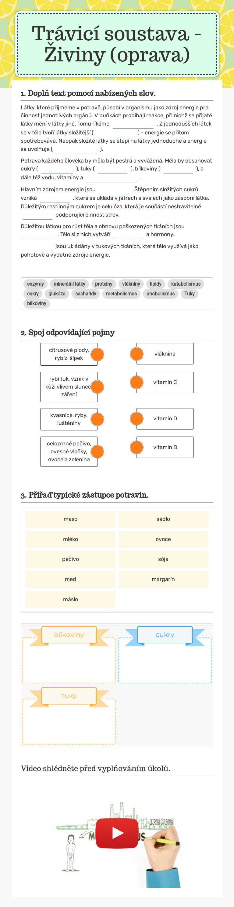 Trávicí soustava - Živiny (oprava) Grade 2 worksheet preview