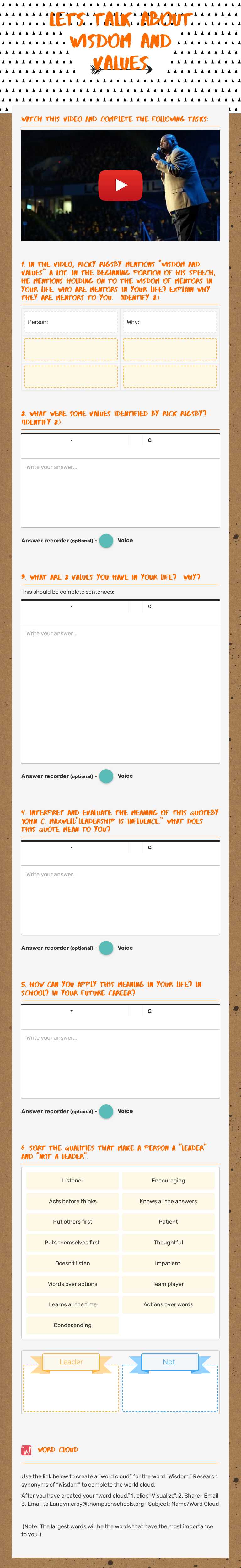 Lets Talk about wisdom and values Grade 10 worksheet preview