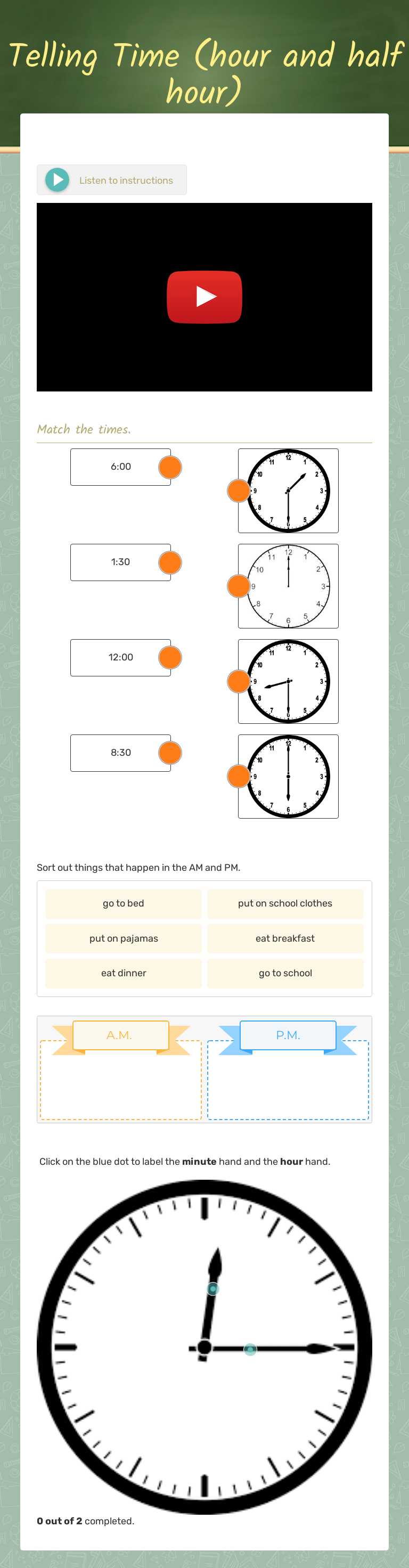Telling Time (hour and half hour) worksheet preview image