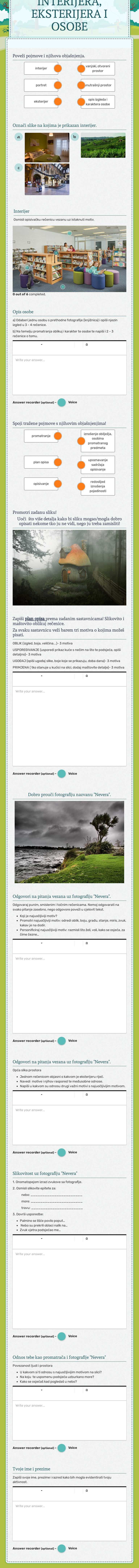 OPISIVANJE INTERIJERA, EKSTERIJERA I OSOBE worksheet preview image