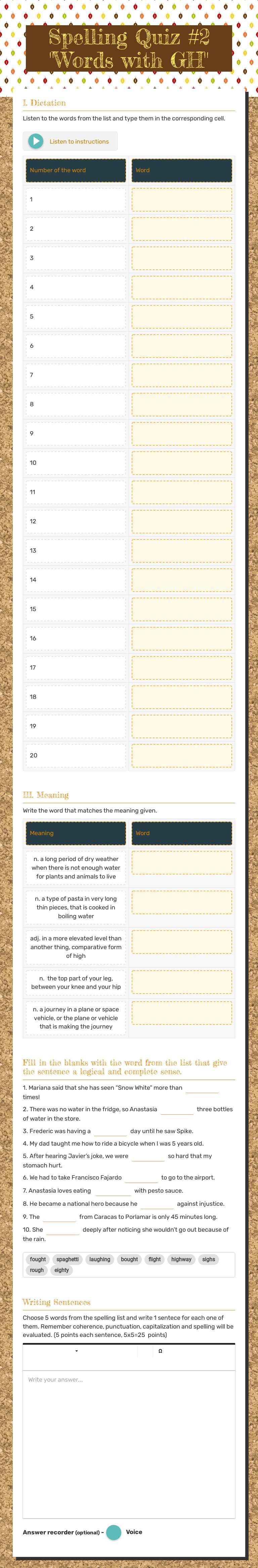 Spelling Quiz #2 "Words with GH" Grade 5 worksheet preview