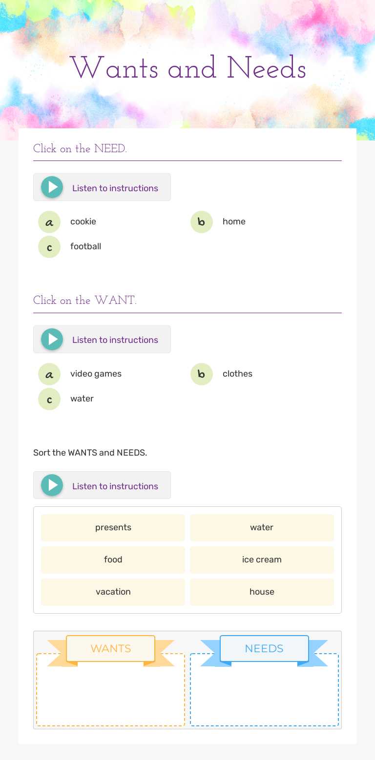 Wants and Needs worksheet preview image
