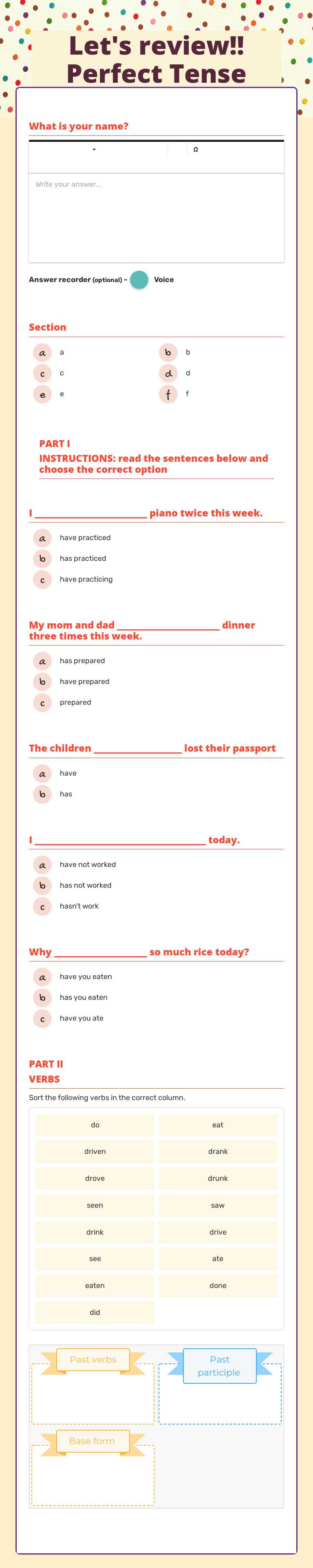 Let's review!!                  Perfect Tense Grade 4 worksheet preview