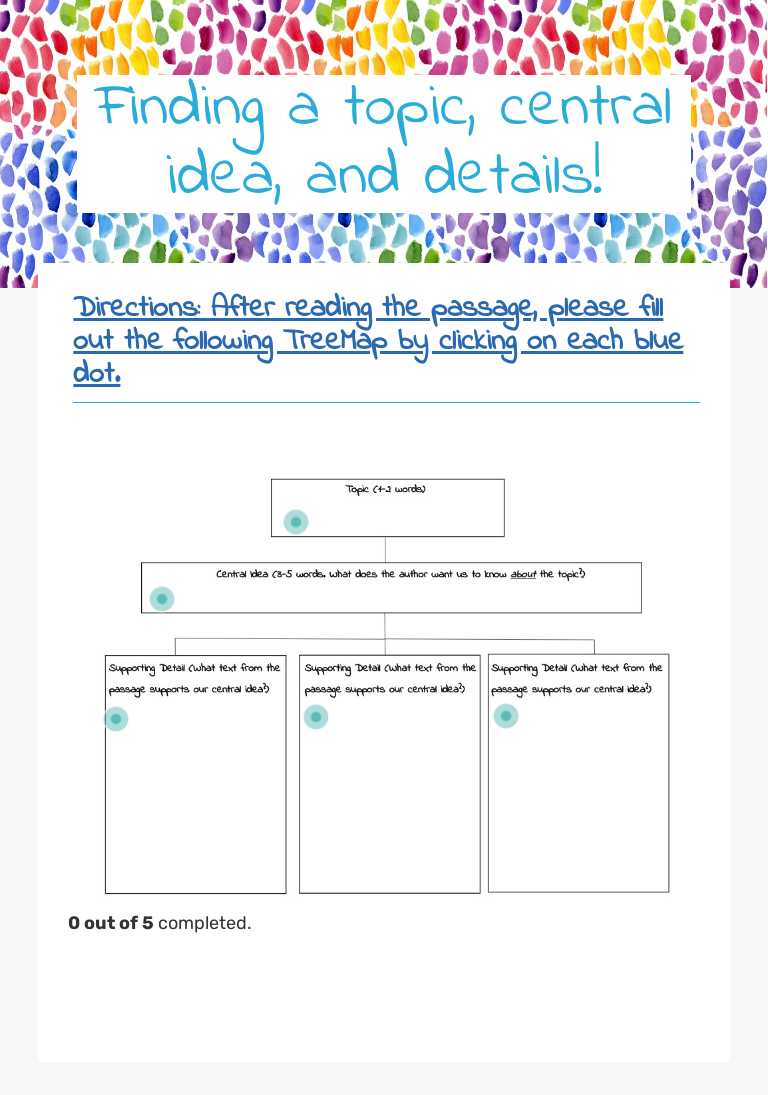 Finding a topic, central idea, and details! Grade 6 worksheet preview