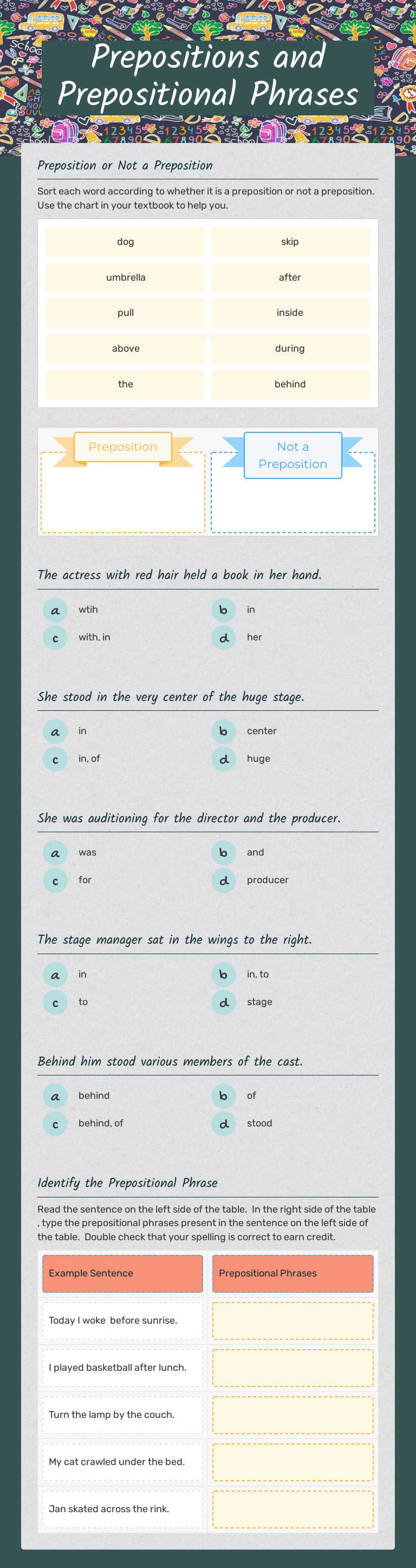 Prepositions and Prepositional Phrases Grade 7 worksheet preview