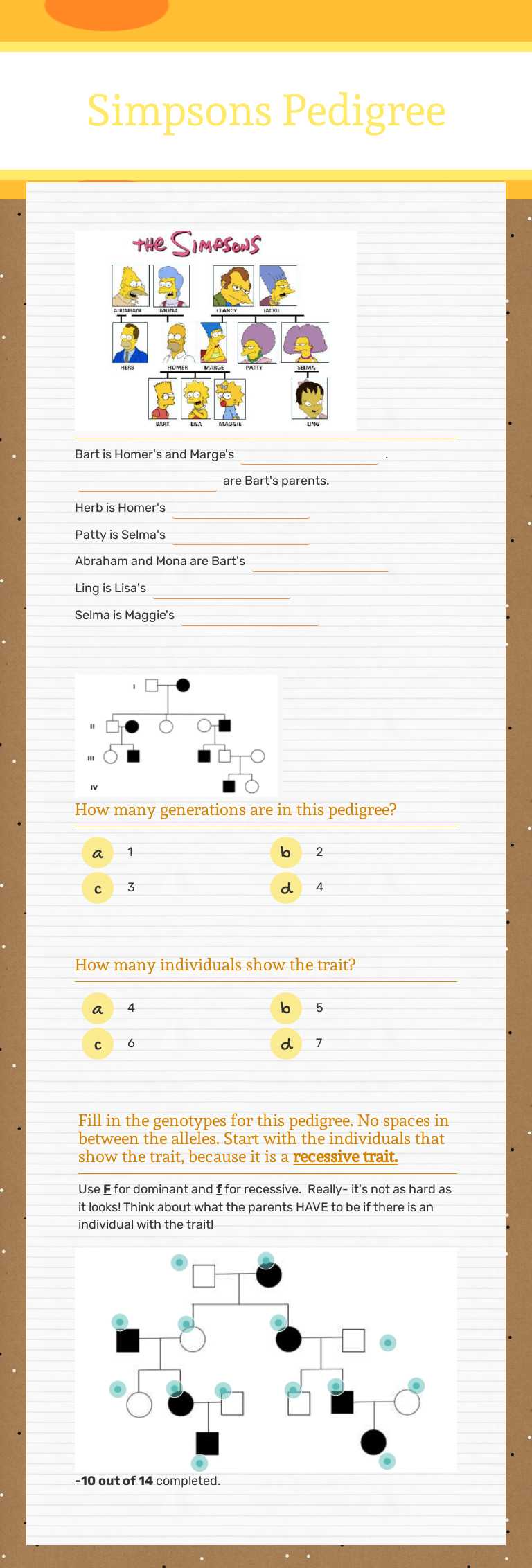 Simpsons Pedigree worksheet preview image