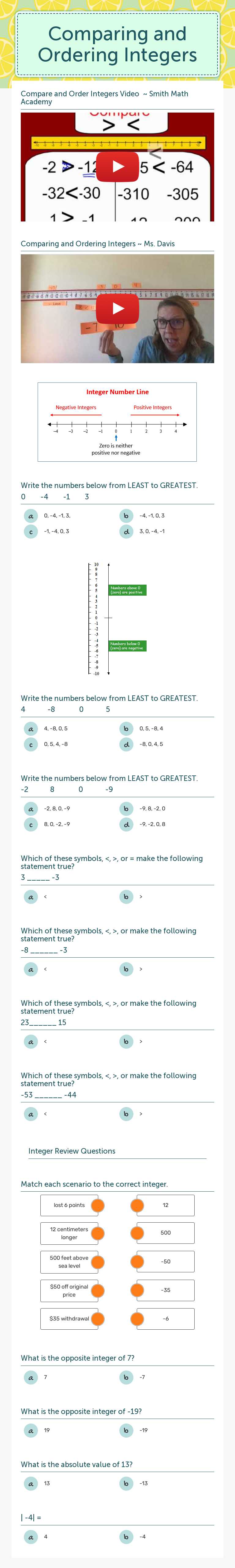 Comparing and Ordering Integers worksheet preview image