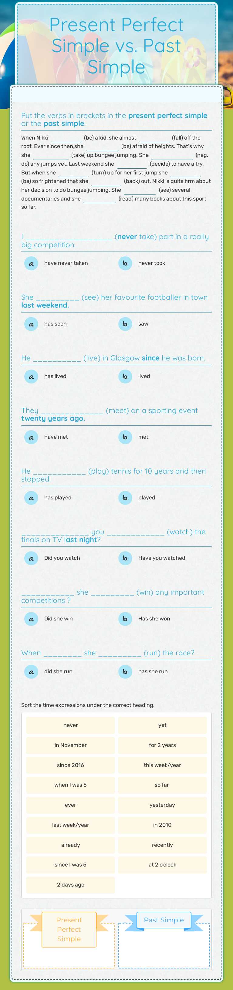 Present Perfect Simple vs. Past Simple Grade 8 worksheet preview