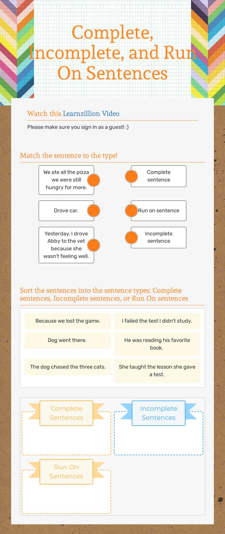 Complete, Incomplete, and Run On Sentences worksheet preview image