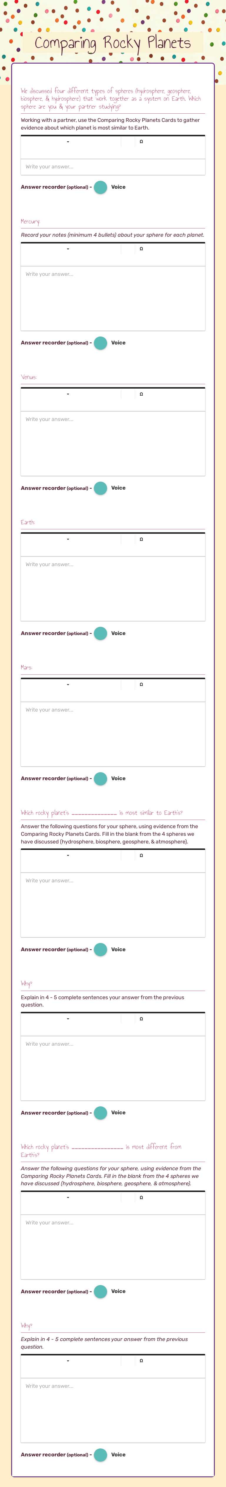 Comparing Rocky Planets worksheet preview image