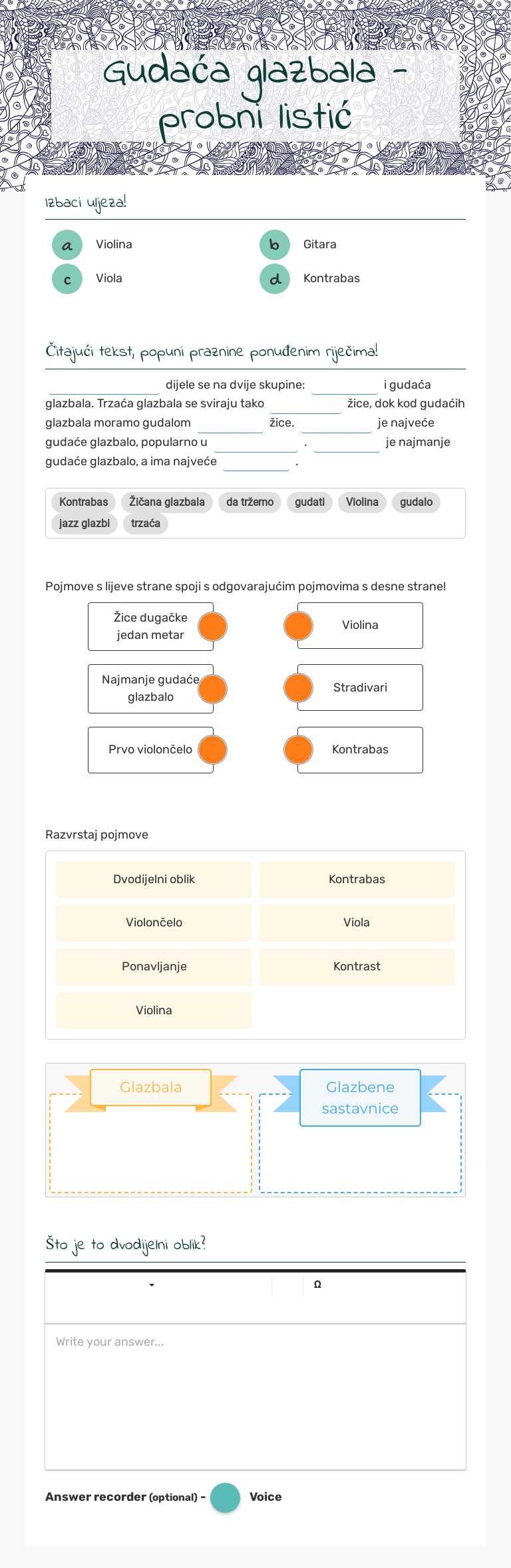 Gudaća glazbala - probni listić worksheet preview image